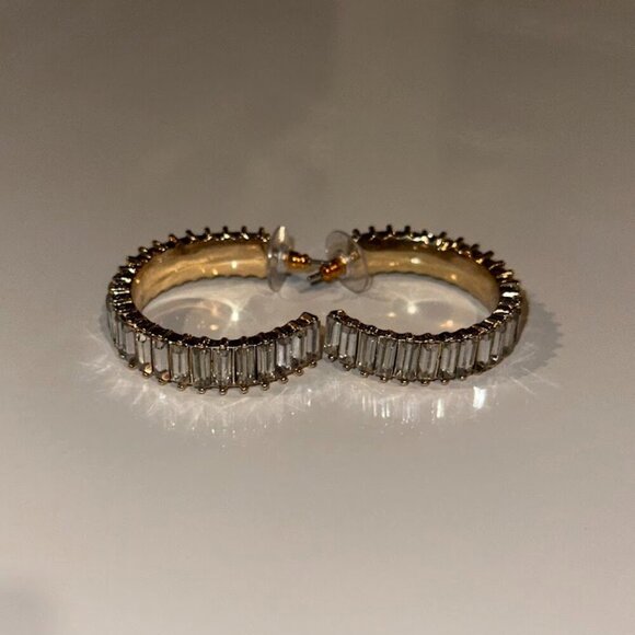 Gold Hoop Earrings with Baguette Crystals - Glam Statement Jewelry! - Picture 2 of 2
